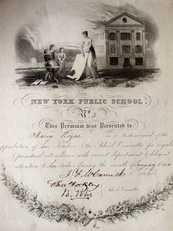 RARE 1840s NEW YORK Public School Student Merit Awards