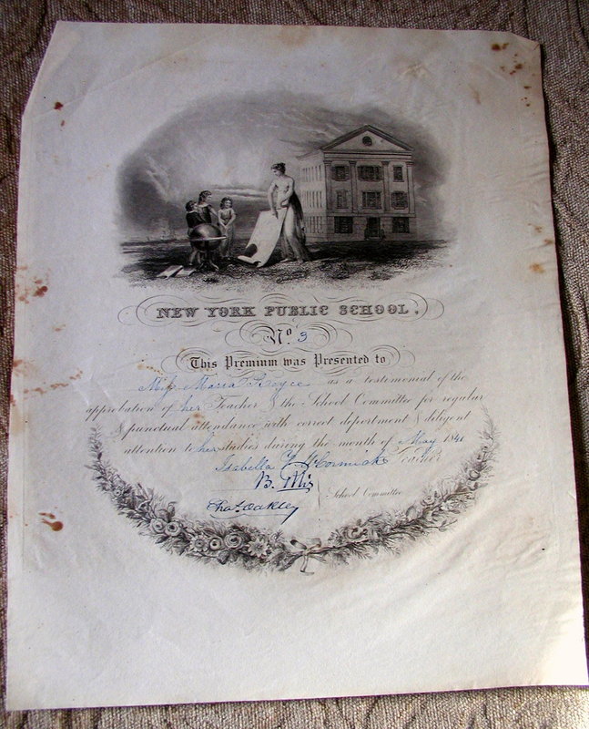 RARE 1840s NEW YORK Public School Student Merit Awards