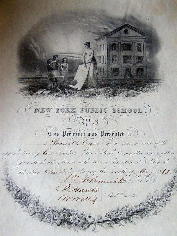 RARE 1840s NEW YORK Public School Student Merit Awards