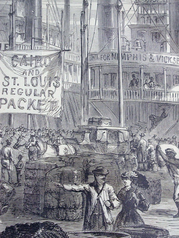 1869 New Orleans Black Americana Lithograph River Dock Scene Slaves