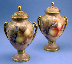 Pair of Aynsley Fruit Decorated Urns by Paul English