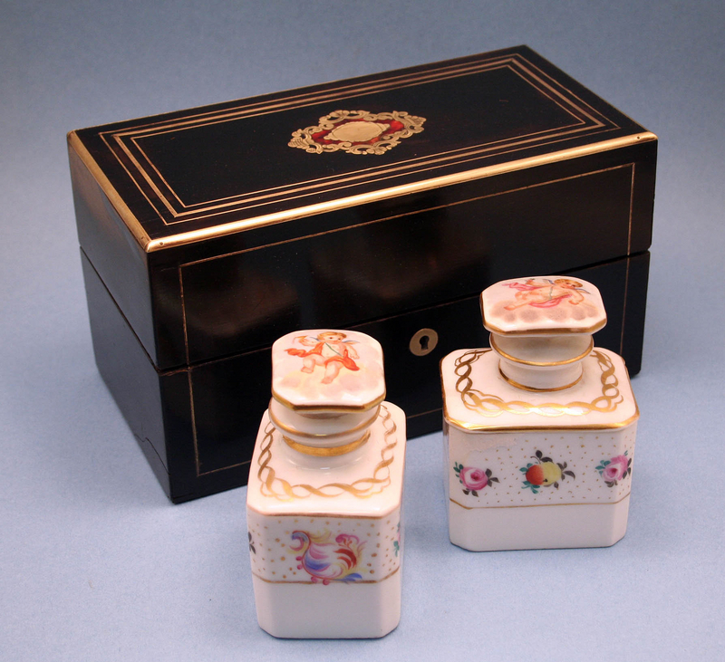 Antique French Tea Chest with Porcelain Caddies