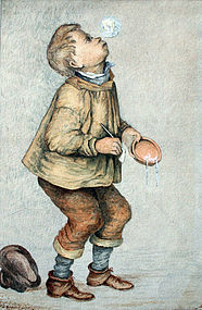British Watercolor of a Boy Blowing Bubbles
