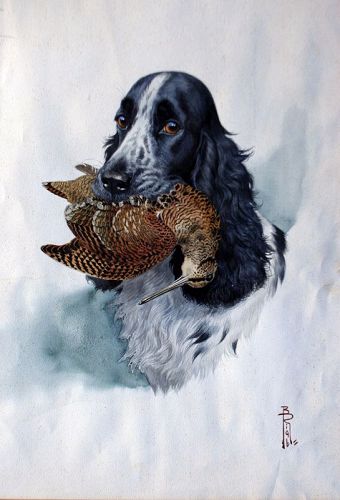 Setter with Woodcock by Boris Riab (French, 1898-1975