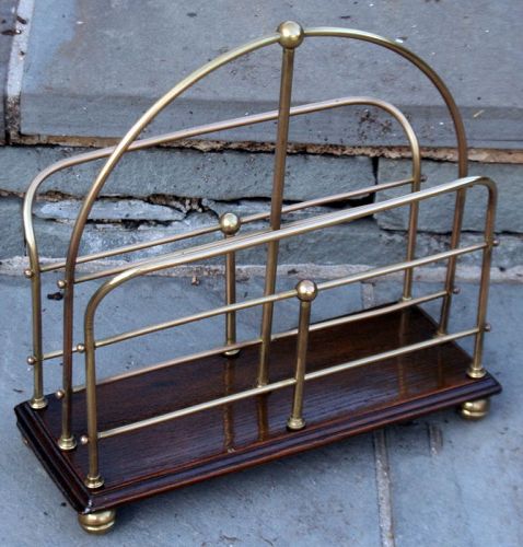 Antique Victorian Brass and Oak Magazine Rack