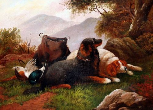 Painting of Dogs after the Hunt by William Benson (English b.1862)