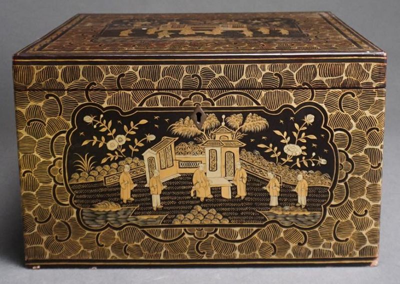 Large Antique Chinese Black Lacquer Tea Chest