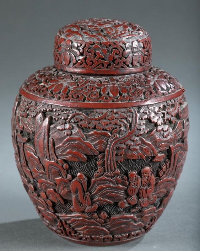 Antique Chinese Carved Cinnabar Tea Caddy