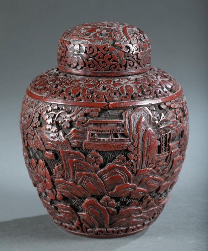 Antique Chinese Carved Cinnabar Tea Caddy