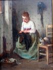 The Seamstress and Her Cat by Henri Baron (Fr., b.1816)