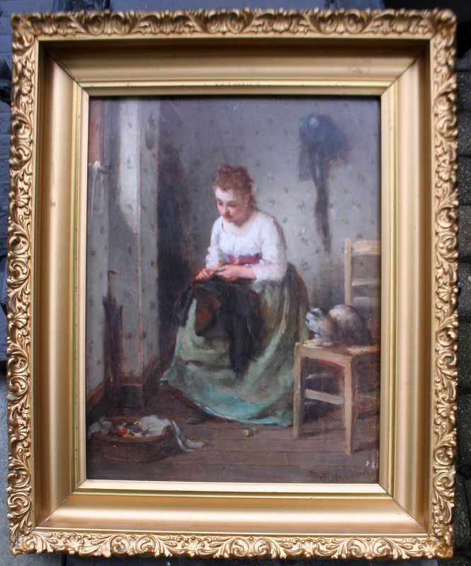 The Seamstress and Her Cat by Henri Baron (Fr., b.1816)