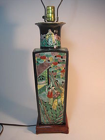 19th C. Chinese Famille Noir Carved Square Vase Lamp