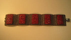 Old Chinese Filigree Silver and Cinnabar Bracelet