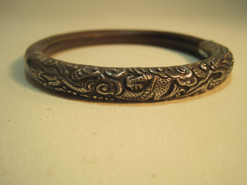 19th C. Chinese Silver and Rattan Bangle with Dragon