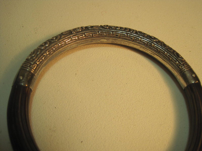 19th C. Chinese Silver and Rattan Bangle with Dragon