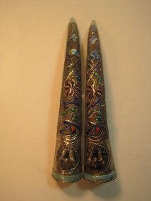 Pair of Chinese Qing Dynasty Silver Enamel Nail Guard