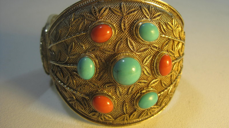Chinese Silver Gold Washed Coral &amp; Turquoise Bracelet