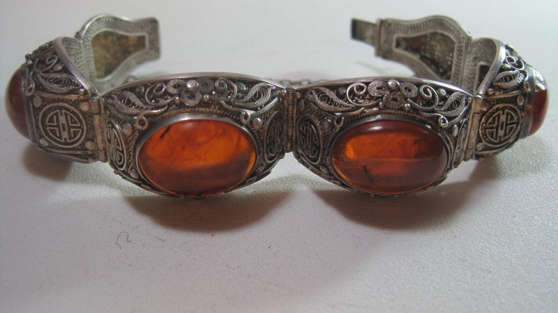 Old Chinese Silver Amber With Filigree Bracelet