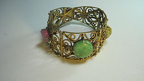 Late 19th C./20th C, Chinese Silver Bracelet W. Jadeite