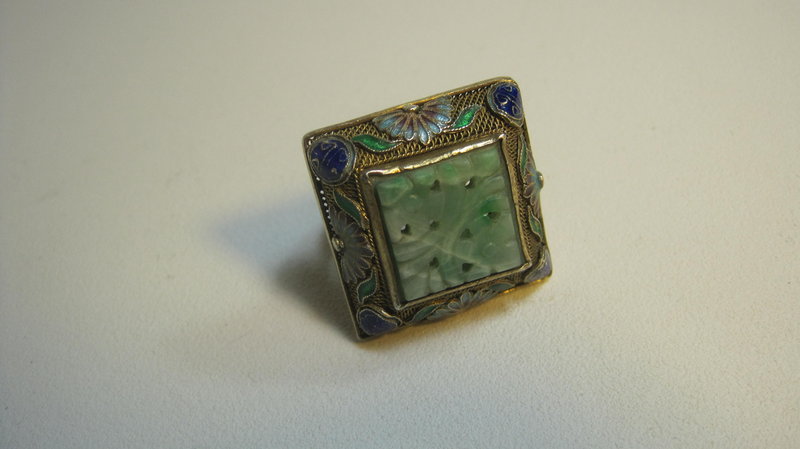 Early 20th C. Chinese Silver Enamel Ring With Jade MK