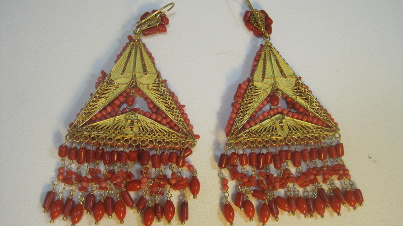 Early 20th C. Silver Vermeil Coral Earrings Marked