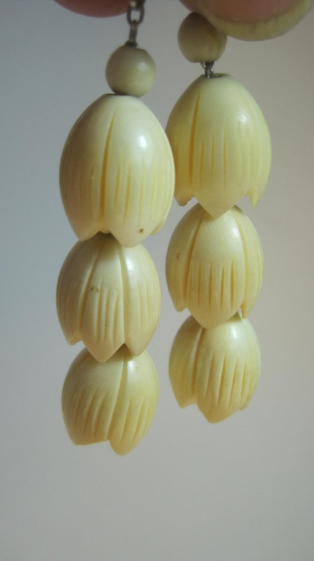 Early 20th C. Chinese Old Ivory Earrings With Silver MK