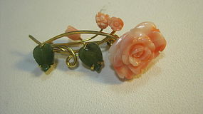 A Beautiful Vintage Chinese Salmon Coral With Jade Pin