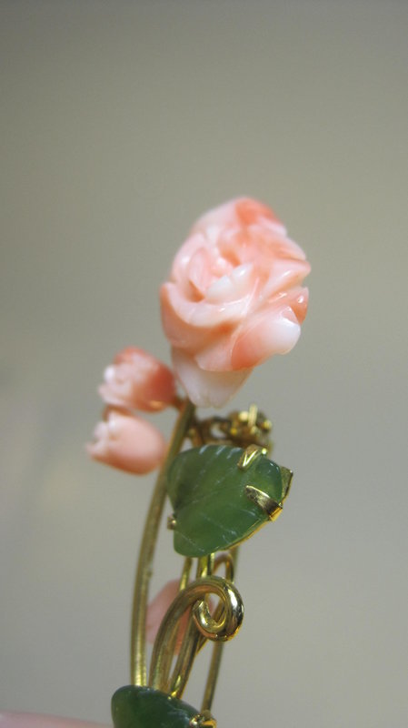 A Beautiful Vintage Chinese Salmon Coral With Jade Pin