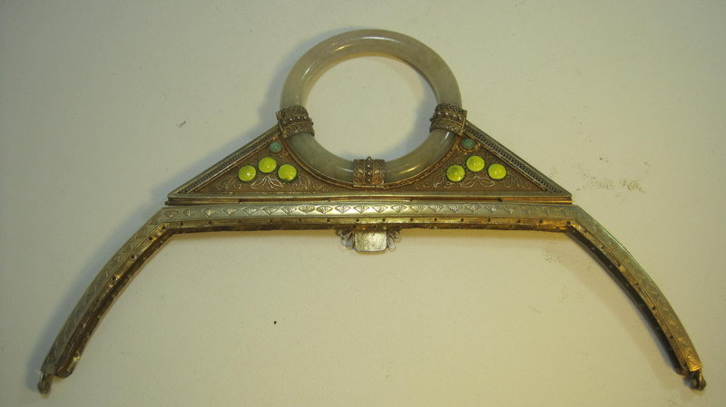 Vintage Chinese Jade &amp; Enamel Metal Handbag Handle