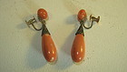A Pair Of Vintage Salmon Red Coral Earrings 14K Marked