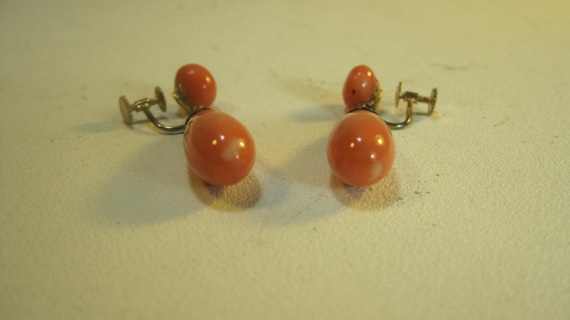A Pair Of Vintage Salmon Red Coral Earrings 14K Marked