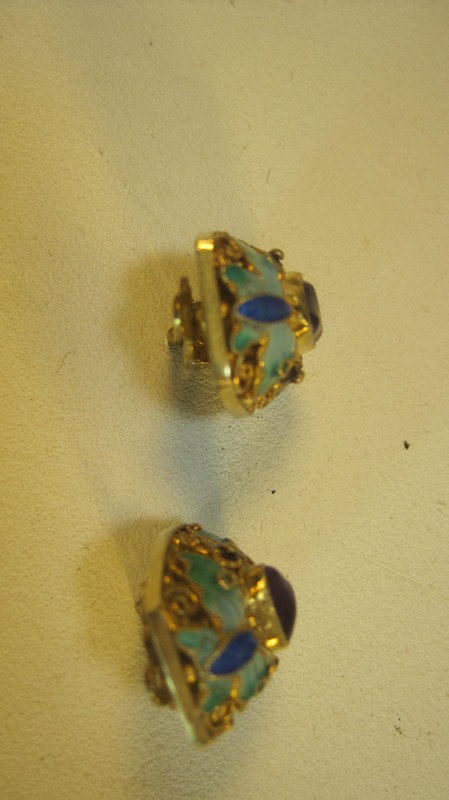 Early 20th C. Chinese Silver Enamel Earrings Marked