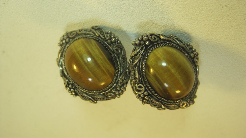 Vintage Chinese Silver Tiger Eye Earrings Marked