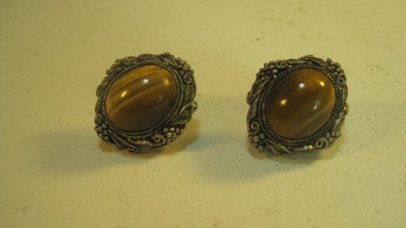 Vintage Chinese Silver Tiger Eye Earrings Marked
