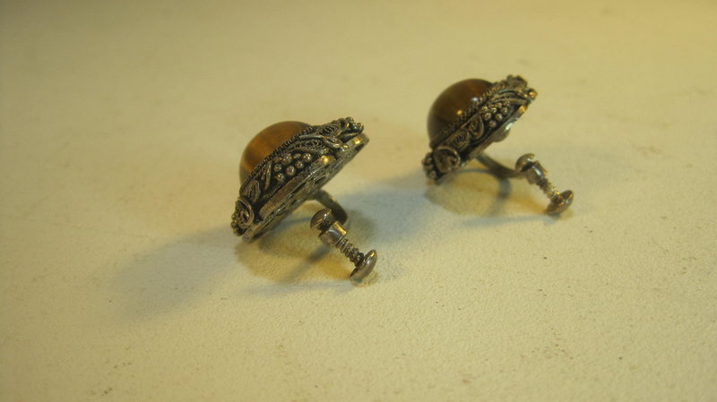 Vintage Chinese Silver Tiger Eye Earrings Marked