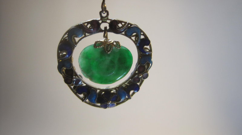 Early 20th C. Chinese Silver Enamel Jadeite Pendant