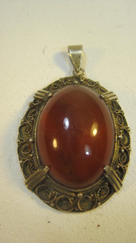 Early 20th C. Chinese Silver Amber Pendant Marked