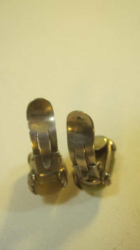 A Pair of Old Chinese Silver Yellow Jadeite Earrings