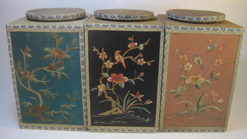 A Group of 3 Wooden Boxes With Silk Embroidery Cover