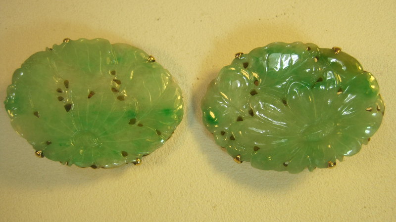Early 20th C. Chinese Jadeite &amp; 14K Gold Earrings