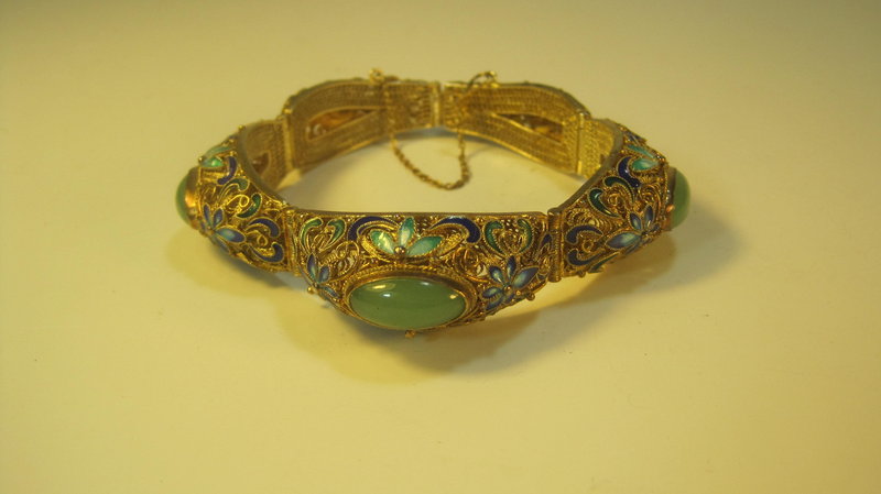 Early 20th C. Chinese Silver Enamel With Jade Bracelet
