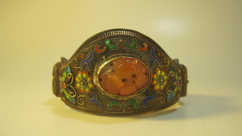 19th/20th C. Chinese Silver Enamel Carnelian Bracelet