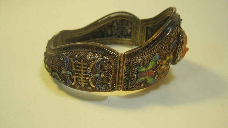 19th/20th C. Chinese Silver Enamel Carnelian Bracelet