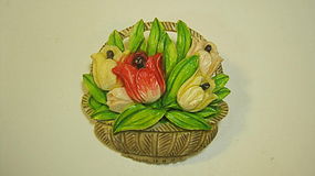 Old Chinese Dyed Color Ivory Flower Basket Brooch