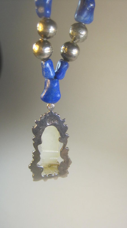 An Old Chinese Lapis Silver Necklace With Jade Pendant