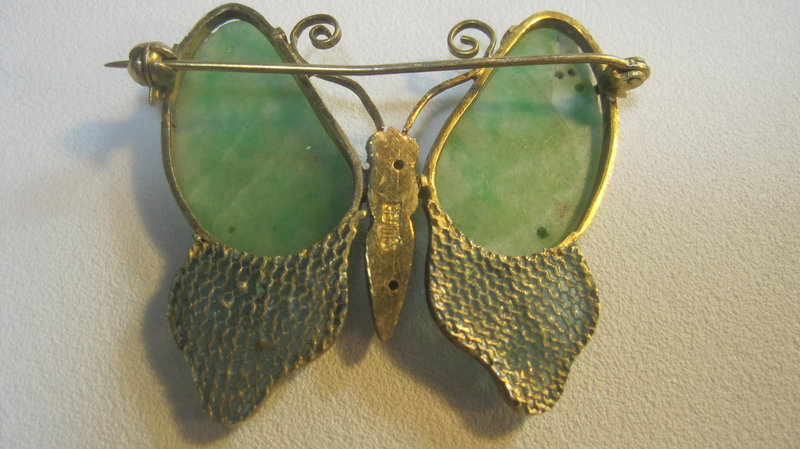 Antique Chinese Jadeite Silver Enamel Brooch Marked