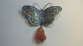 Early 20th C. Chinese Silver Enamel Butterfly Brooch MK