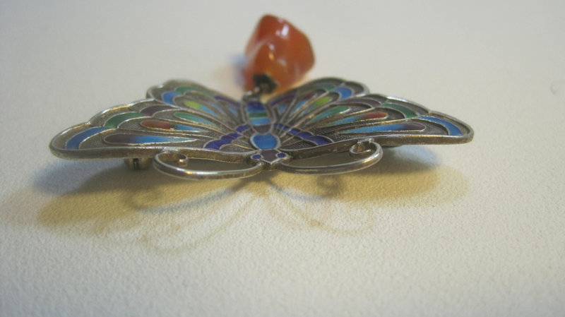 Early 20th C. Chinese Silver Enamel Butterfly Brooch MK