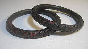 Pair of Old Chinese Black /Red Cinnabar Lacquer Bangles