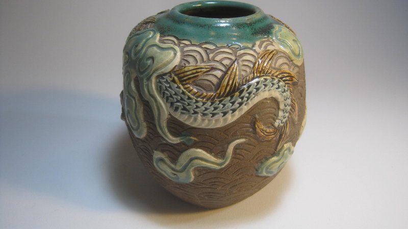 19th C. Okinawa Dragon Pottery Jar Signed